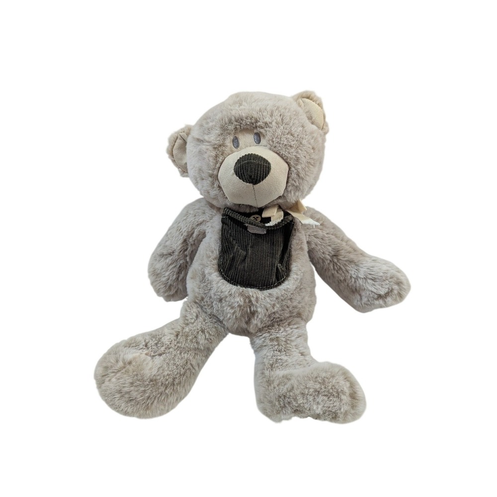 Demdaco Tan Plush Teddy Bear with Brown Corduroy Pocket and Ribbon 11 Inch
